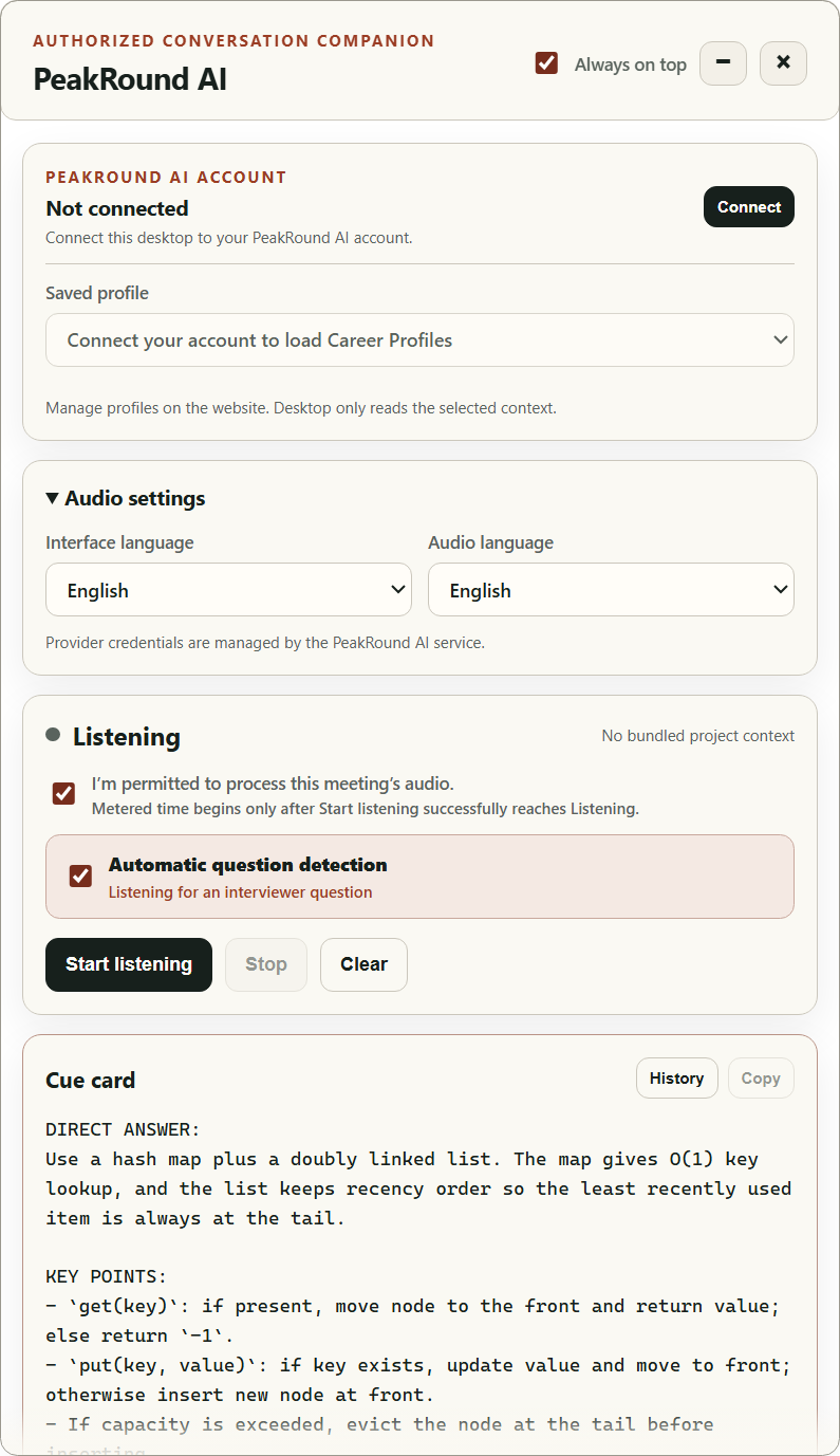 PeakRound AI desktop app showing the cue card with a live answer while listening